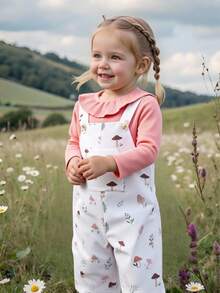 Souflis Souflis Baby Mädchen süßer rosa gerippter Rüschenkragen Langarm-Oberteil und Pilz-Wald-Muster weiße Latzhose Set, pastoraler Vintage-Lässig-Stil für Feiertage, Zuhause, Ausflüge, Urlaub. Weiße bedruckte Latzhose, leicht und bequem. Rosa Peter-Pan-Kragen Elastikbund Oberteil für Weihnachten, Neujahr, Valentinstag