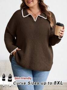 SHEIN CURVE+ Large Casual Contrasting Dog Tooth Edge Lapel V-Neck Women's Pullover Sweater Autumn Winter Clothes For Women - Brown - View 1