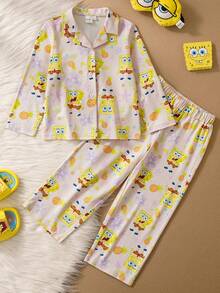 SpongeBob SquarePants | SHEIN Young Girl Cute Cartoon Pattern Long Sleeve Top And Pants Pajama Set, Comfortable - Yellow - View 1