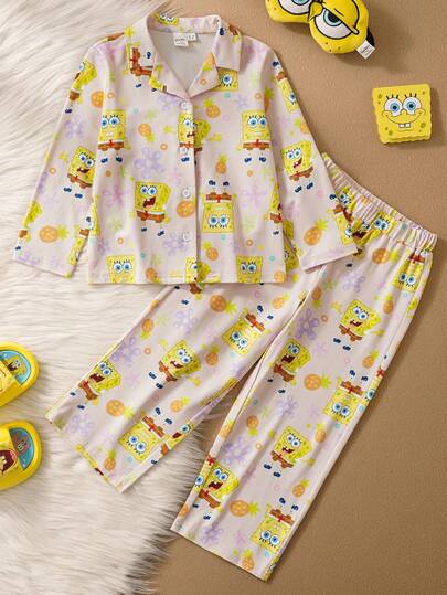SpongeBob SquarePants | SHEIN Young Girl Cute Cartoon Pattern Long Sleeve Top And Pants Pajama Set, Comfortable