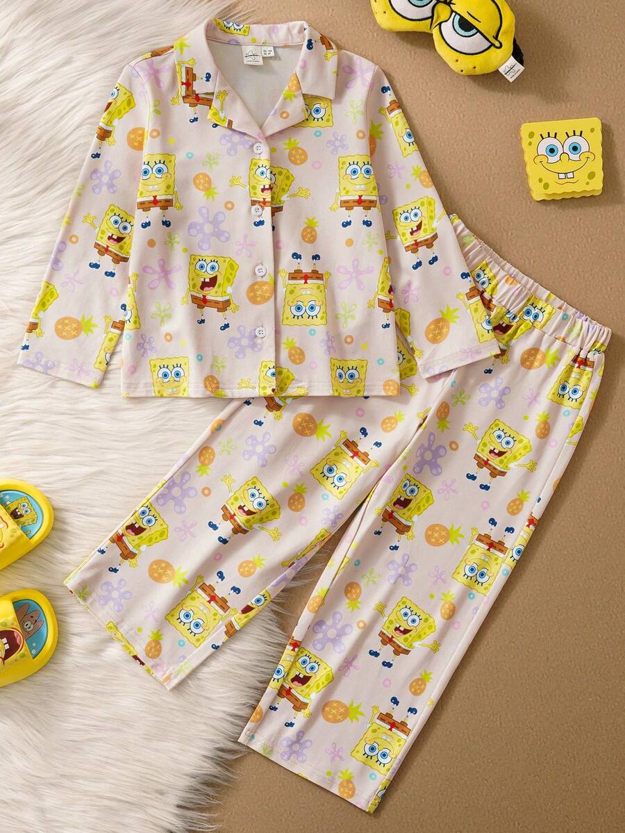 SpongeBob SquarePants | SHEIN Young Girl Cute Cartoon Pattern Long Sleeve Top And Pants Pajama Set, Comfortable - Yellow - View 1