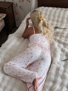 CottageSlumber Bộ đồ ngủ nữ dệt kim gân màu hồng họa tiết hoa nhí phối ren xếp nếp nơ thanh lịch lãng mạn gợi cảm gồm áo hai dây và quần dài, có thể mặc ngoài. - Hồng - Xem 2