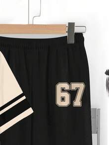 Tween Boy Casual Minimalist Y2K Style English Letter & Number 67, 6&7 Sports Retro American Colorblock Loose Comfortable Fashion Crew Neck Short Sleeve T-Shirt And Pants Set - Multicolor - View 5