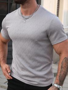 Manfinity Homme Men's Geometric Embossed Fabric Crew Neck Short Sleeve T-Shirt,Grey,Summer,Casual,City Break,Comfortable Gentleman Minimalist Office Yamamoto Tee - Grey - View 3