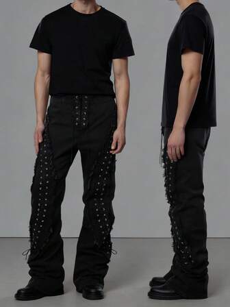 Street Life Jeans a zampa d'elefante con occhielli e lacci, effetto consumato, da uomo