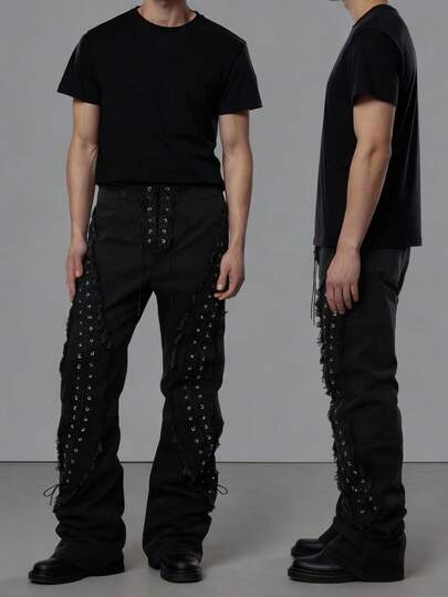 Street Life Men's Distressed Eyelet Lace-Up Flared Jeans