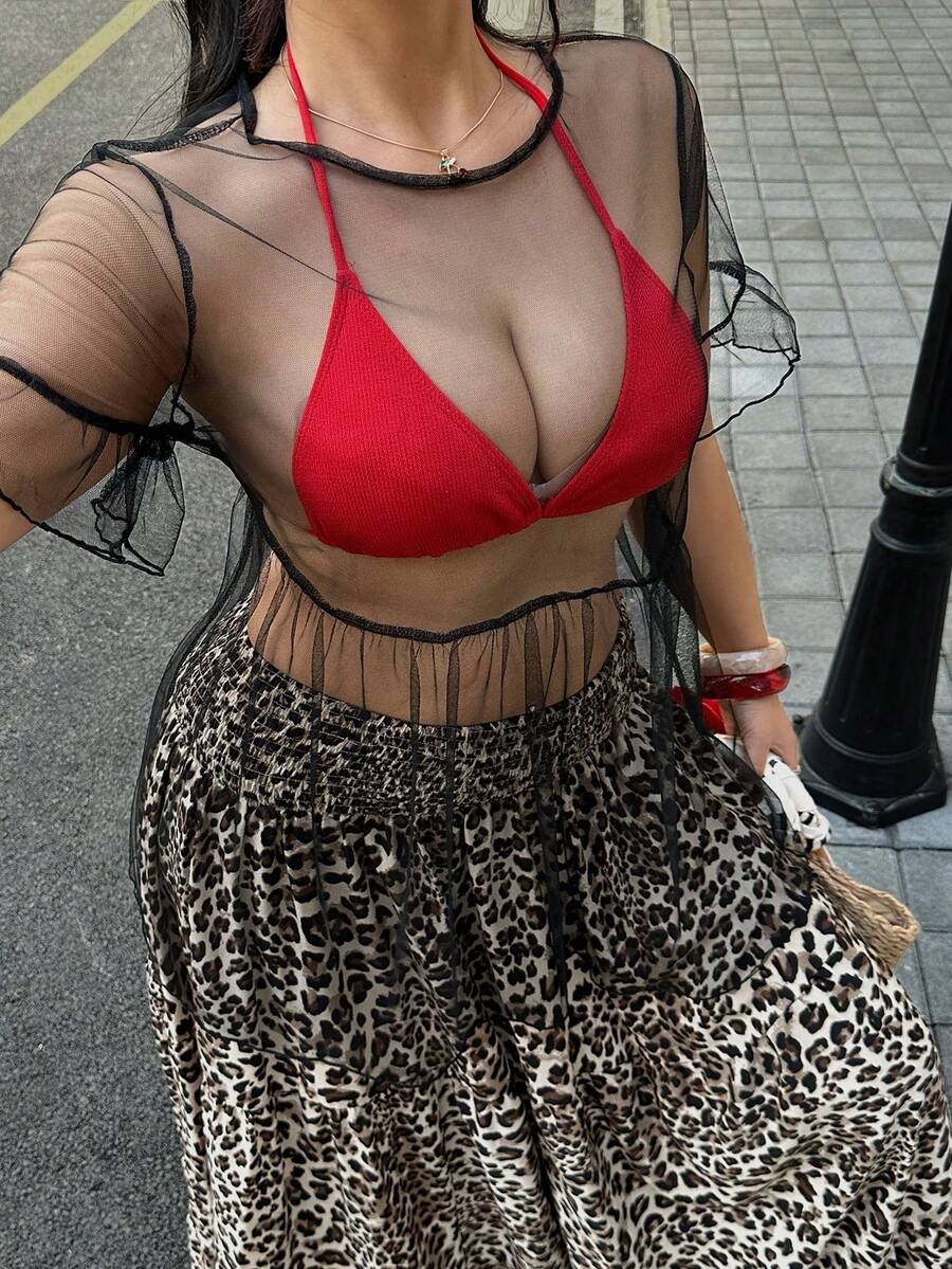 SHEIN EZwear Plus Size Women's Black Mesh Sheer Knit Elastic Fabric A-Line Patchwork Ruffle Hem Layered Casual Loose Fit Crew Neck Short Sleeve Solid Color Top - Black - View 1