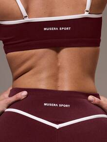 Musera Sport 女士撞色滚边上衣和紧身裤运动套装 健身房健身 冬季 - 酒紅色 - 查看 6