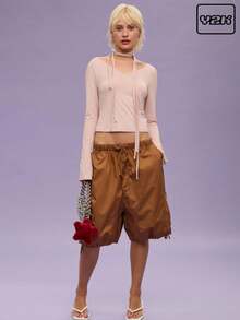 COUREZ Y2K V 领长袖粉色系带上衣 / 夏季女士外出上衣 / 街头休闲 / 休闲音乐节复古风 - 藕粉色 - 查看 1