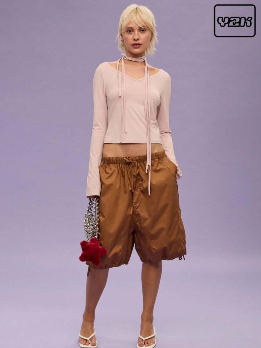 COUREZ Y2K V 领长袖粉色系带上衣 / 夏季女士外出上衣 / 街头休闲 / 休闲音乐节复古风 - 藕粉色 - 查看 1