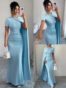 Elenzga Sukienka damska na wiosnę/lato, nowa, elegancka, minimalistyczny i wszechstronny fason rękawów w stylu bliskowschodnim, jasnoniebieska, z krótkim rękawem i ściągaczem w talii - Niebieski - Zobacz 1