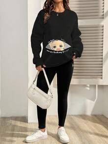 SHEIN Áo nỉ cổ tròn in họa tiết cho bà bầu cỡ lớn - màu đen - Xem 6