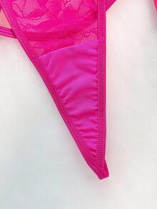 SHEIN Floral Lace Underwire Garter Corset Lingerie Set With 1pair Stocking - Hot Pink - View 7