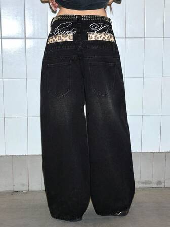 ROMWE Avant Women's Leopard Print & Letter Embroidery Rivet Decor Low Waist Wide Leg Jeans