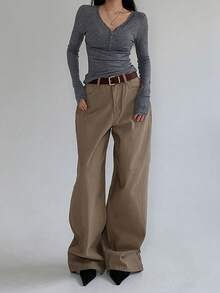 DAZY 复古休闲美拉德棕色直筒女裤 - 棕色 - 查看 7