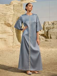 Graceveil Elegant Gray Glitter Arabic Style Evening Gown For Women,Luxury Dusty Blue Silk Najma Dress,Modest Abayas For Formal Parties,Arabic Style Dress - Grey - View 1