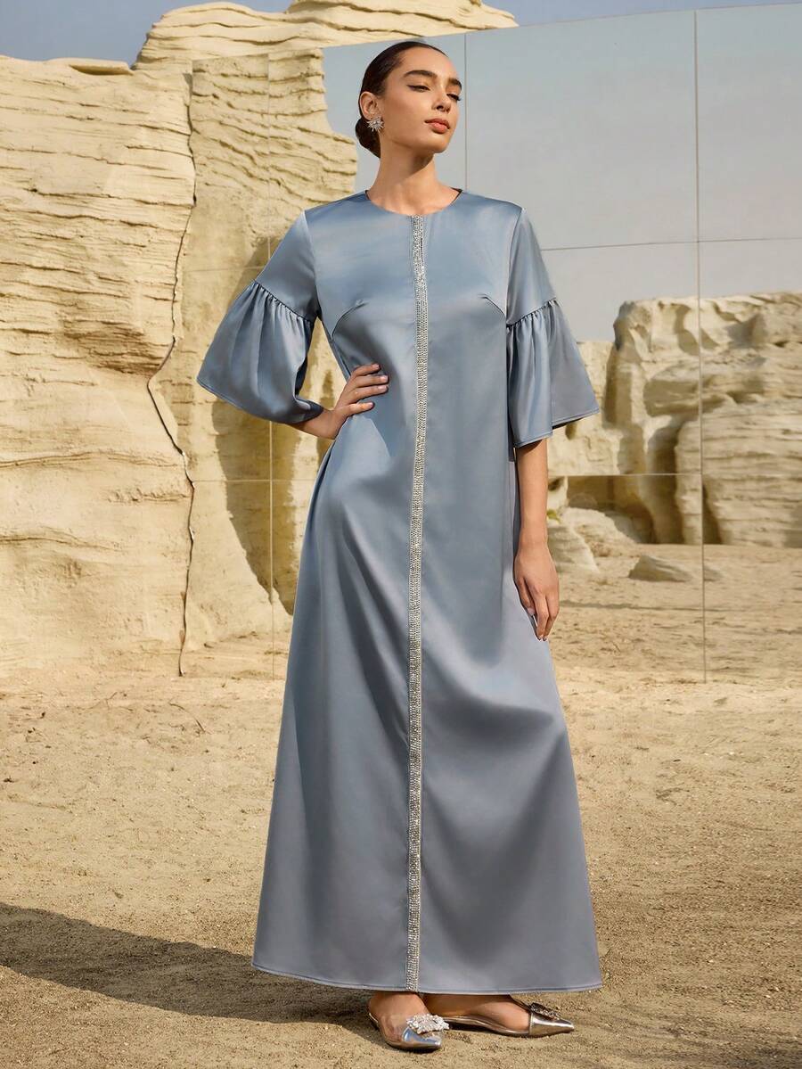 Graceveil Elegant Gray Glitter Arabic Style Evening Gown For Women,Luxury Dusty Blue Silk Najma Dress,Modest Abayas For Formal Parties,Arabic Style Dress - Grey - View 1