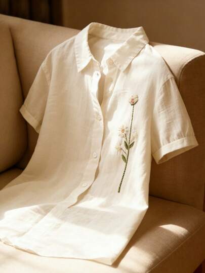 Linhara 大码女士休闲优雅亚麻衬衫，短袖刺绣宽松上衣，适合日常通勤