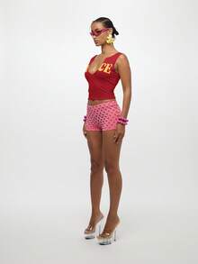 SUMWON WOMEN 女士V领字母印花棉质无袖夏季休闲T恤 - 紅色 - 查看 4