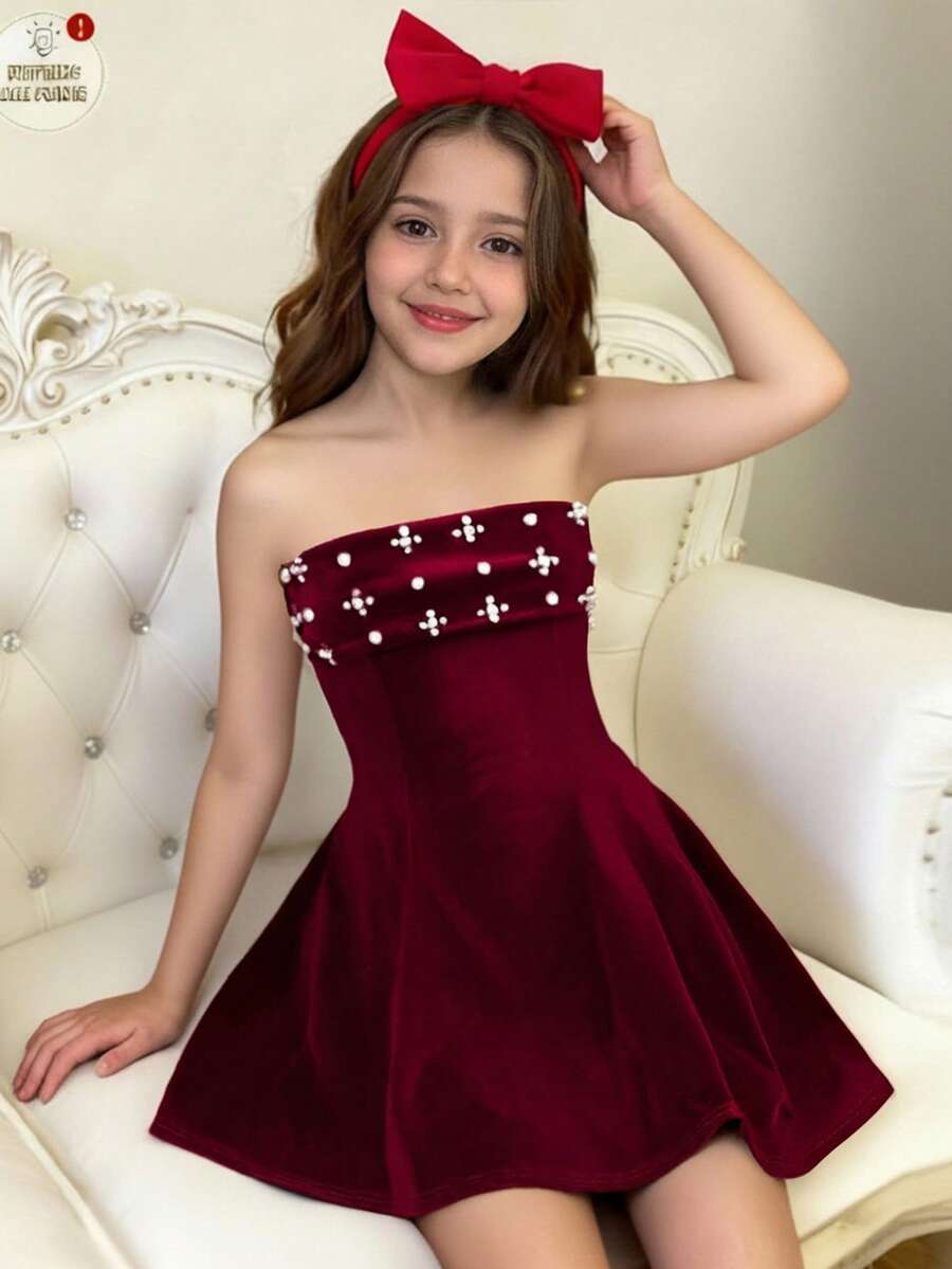 SHEIN 青少年女孩休闲日常外出串珠天鹅绒腰部收紧吊带裙，适合生日派对、红色连衣裙、圣诞节、新年 - 酒紅色 - 查看 1