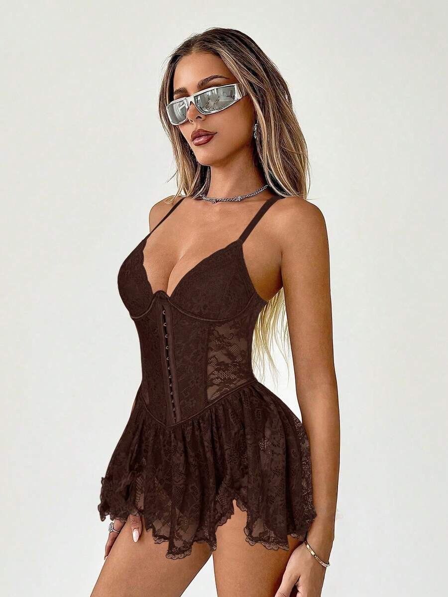 SHEIN ICON Lace Patchwork Triangle Cup Metal Button Decor Lace Hem Dress - Brown - View 1