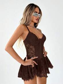SHEIN ICON Lace Patchwork Triangle Cup Metal Button Decor Lace Hem Dress - Brown - View 6
