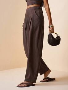 Zivah 2026春夏新品,适合音乐节、复活节、圣帕特里克节、情人节、约会、西部风、游牧风、生日派对、毕业典礼、大学、学生、日常休闲、百搭、休闲、度假、邮轮旅行、海滩、日光浴、热门单品、街头风、婚礼宾客波西米亚风、通勤、早午餐、机场、派对、假日郊游、办公穿着。宽松抽绳弹力腰带拉链口袋亚麻褶皱棕色长裤 - 棕色 - 查看 8