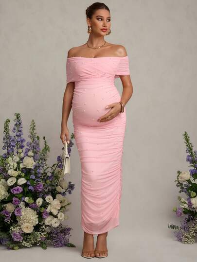 MaterniChic Valentine's Day Maternity Pink Dress Pregnant Women's Solid Color Off-Shoulder Ruched Faux Pearl Decor Elegant Party Dress Elegant Dresses For Maternity New Year Outfit