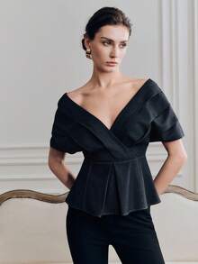 Anewsta Women's Elegant Pleated V-Neck Party/Valentine's Day Blouse With Shoulder Sleeves, Spring/Summer - Navy Blue - View 3