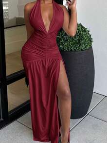 Alexandranx Elegant Romantic Sexy Party Deep V-Neck Halter Split A-Line Dress - W