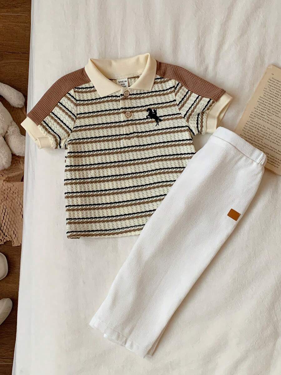 SHEIN 2件套男宝宝度假可爱休闲条纹polo衫和松紧腰裤套装，适合生日派对、锐舞派对、晚宴、演出、婚礼、迎婴派对、一周岁生日庆祝活动。 - 彩色 - 查看 1