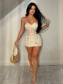 SHEIN SXY Faux Fur Leopard Print Sequin Embellished Dress,Birthday Dresses For Women, See Through Outfit , Sexy Birthday Outfit Women,Vacation,Valentine's Day,Going Out Strapless Bodycon Dress, Cream , Tube , - Multicolor - View 4