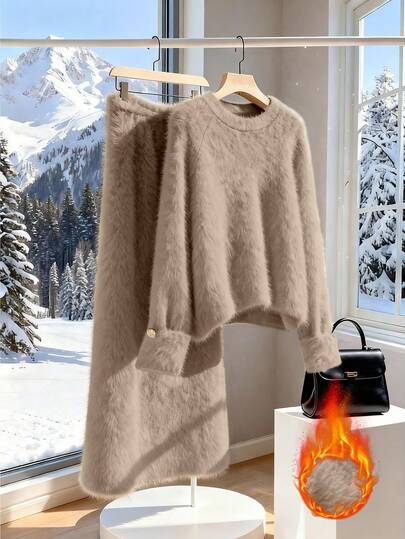 GlowEve Women's Solid Color High-End Sweater & Fuzzy Skirt 2-Piece Set