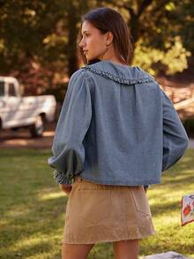 WESTFADE Camisa de botones de manga larga con cuello de volantes de mezcla de algodón chambray, tops lindos de otoño, concierto de country, otoño, invierno, bohemio, casual, lindo - Lavado ligero - Ver 2