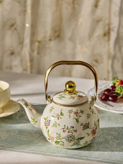 Cirelle Enamel Teapot 1L, French Floral & Gold Handle – Versatile Pot For Tea Or Coffee, An Ideal Gift For Any Kitchen