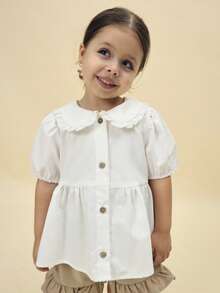 SUMWON Girls Collared Button Front Blouse And Ruffle Hem Shorts Two Piece Summer Outfit Set With Peter Pan Collar Festive Occasionwear - Multicolor - View 3