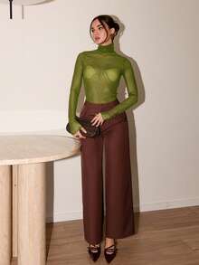 Bris Aura Stockholm Style, Women's Autumn Fashion, High Collar Turtleneck Top, Elegant Autumn/Winter Mesh Long Sleeve Business Casual Women's Basic Top - Green - View 1