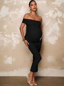 MaterniChic Vestido midi elegante de maternidad de unicolor con drapeado ajustado - Negro - Ver 7