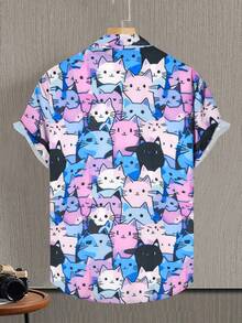 Manfinity Homme 男士卡通猫印花短袖单排扣休闲衬衫 - 彩色 - 查看 2