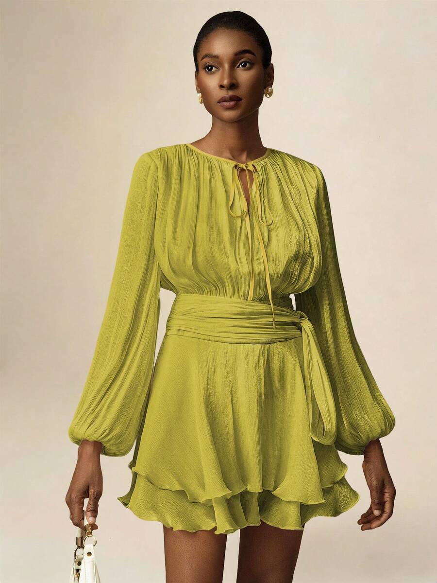 Vesra Apricot Color Tie-Up Long Sleeve Ruffle Hem Design Women's Short Dress - Green - View 1