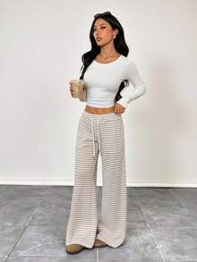 SHEIN PETITE Comfortable And Casual Plain Knitted Low-Rise Wide-Leg Women's Sweatpants - Multicolor - View 4
