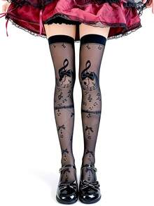 ROMWE Anime 1 Pair Of Lolita Lolita Sweet Bow Music Note Print Stockings Women's Knee Socks - Black - View 1