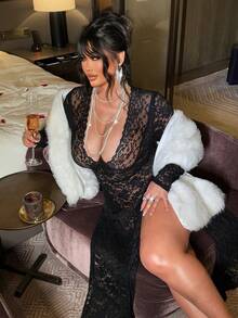 NU&NOW Plus Size Women Floral Lace Deep V Neck Long Sleeve Split Hem Sexy Sheer DressValentine's Day