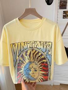 SHEIN Comfortcana 加大码粉色宽松太阳印花T恤，春夏款 - 淡黃色 - 查看 4