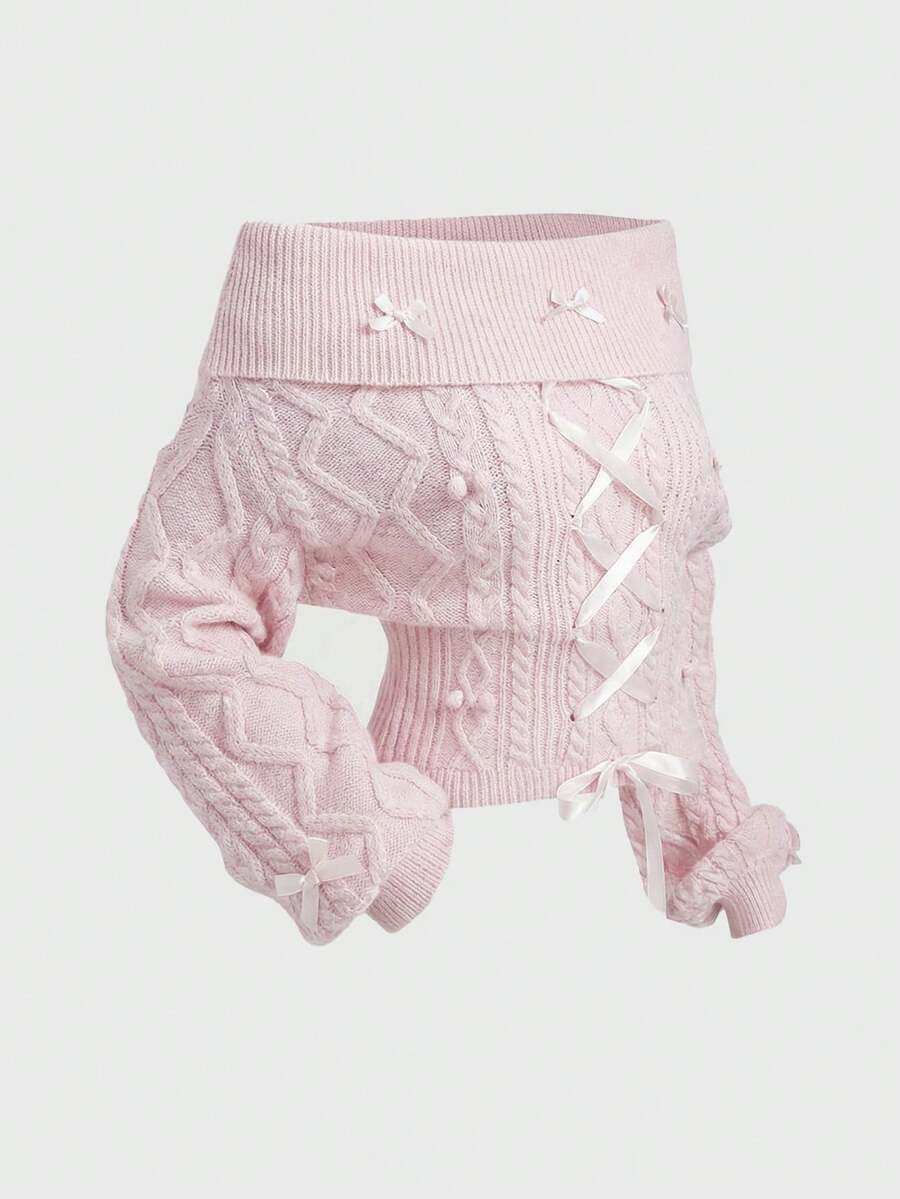 ROMWE Kawaii süßer pastellrosa Schleife Strickpullover, Große Größen Pullover Sweater für Herbst/Winter