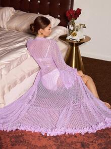 Slumberist 3D Floral Decor Jacquard Mesh Extra Long Women Robe Purple Night Gown Mesh Robe - Lilac Purple - View 5