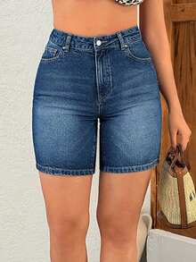 EURMUSE Damen High Waist Skinny Lässig vielseitige Jeans Shorts mit Taschen - Mittele Waschung - Übersicht 4