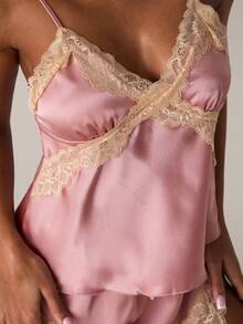 SHEIN BAE Women Contrast Lace Camisole And Shorts Pajama Set - Baby Pink - View 6