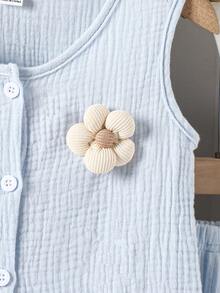 2 pièces Ensemble top camisole bleu Dozy Joy et pantalon 3/4 pour jeunes filles, décoré de fleurs 3D beiges, doux, décontracté, ample, convient pour l'été - Bleu azur - Voir 5