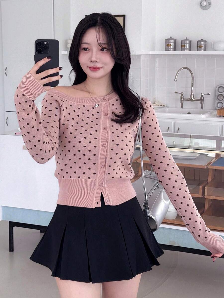 DAZY Polka Dot Cardigan For Women, Flattering & Versatile Long Sleeve Top Spring - Pink - View 1